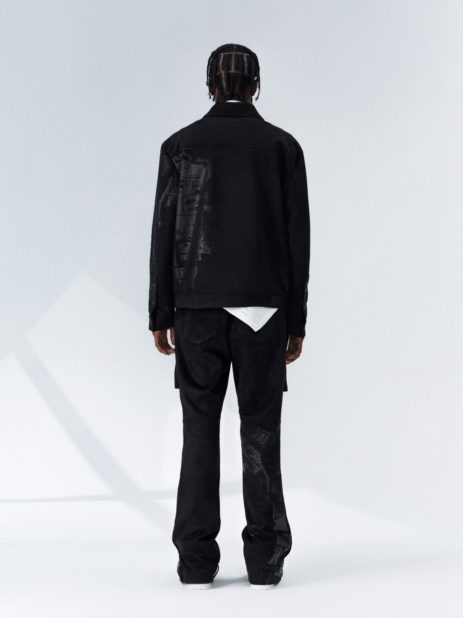 GALLIANO LANDOR Black Foil Embossed Printed Suede Jacket | MADA IN CHINA