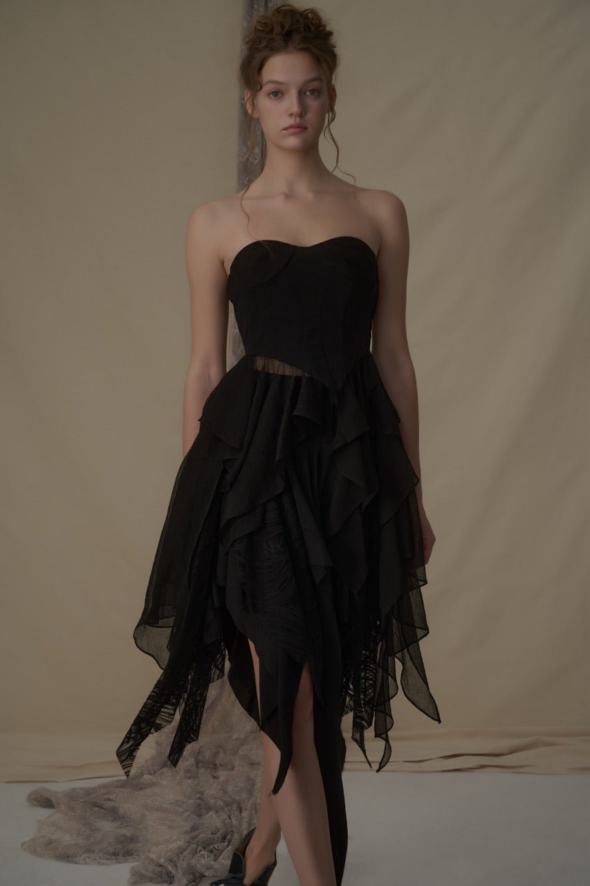 ELYWOOD Black Folded Layer Mid-Length Skirt | MADA IN CHINA