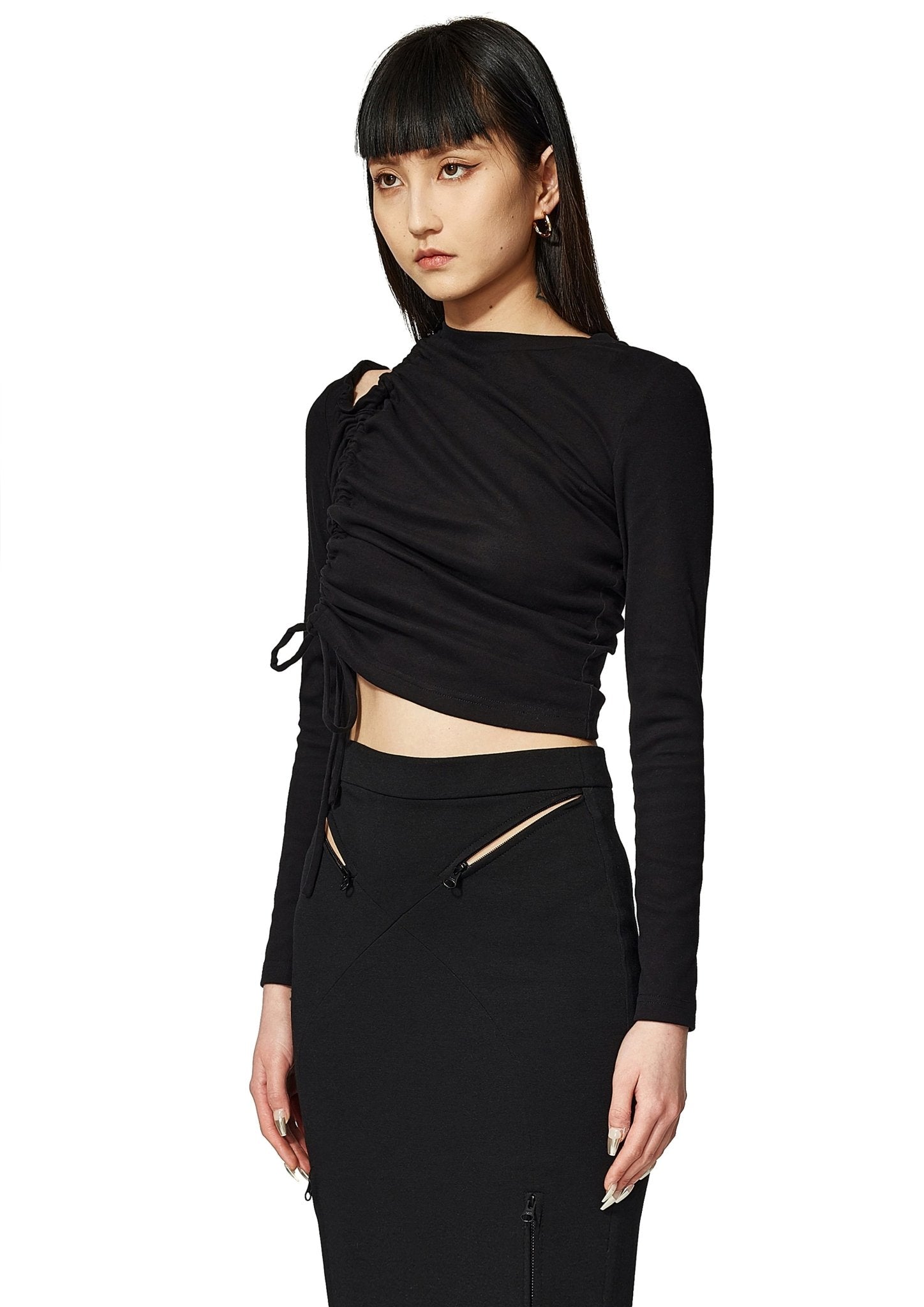 MARRKNULL Black Gathered Cut-Out Long Sleeve Tee | MADA IN CHINA