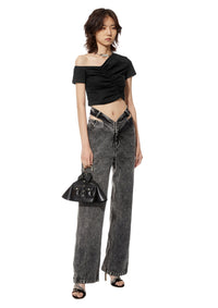 MARRKNULL Black Hollow Out Washed Trousers | MADA IN CHINA