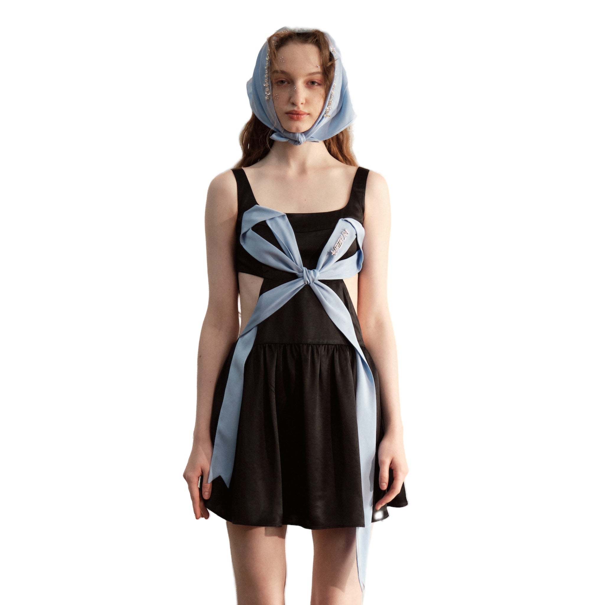 Black Hollow Slip Dress With Blue Bow Tie