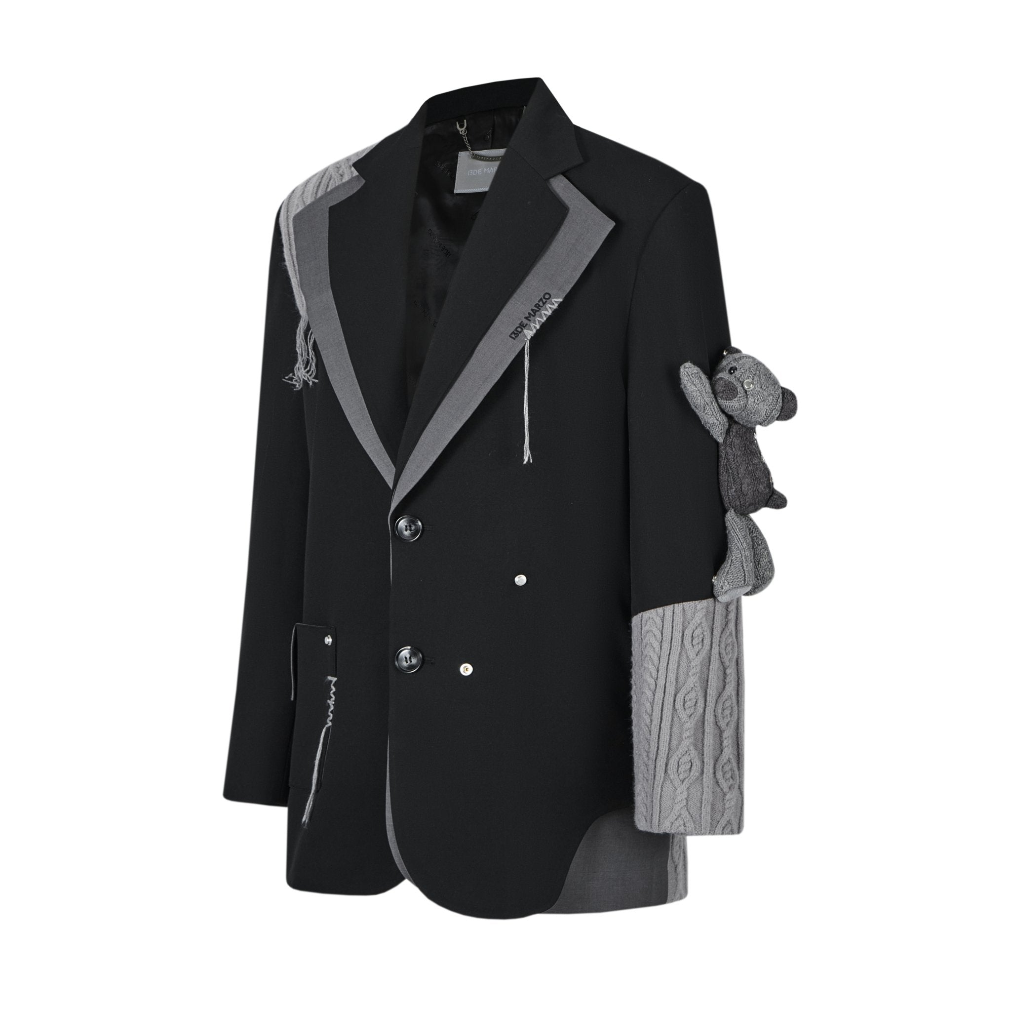 13DE MARZO Black Knitted Patchwork Pleated Suit Jacket | MADA IN CHINA