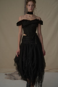ELYWOOD Black Lace Asymmetric Mesh Mid-Length Skirt | MADA IN CHINA