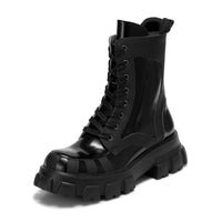 LOST IN ECHO Black Leather Decorated Fake Two-pieces Thick-soled Martin Boots | MADA IN CHINA