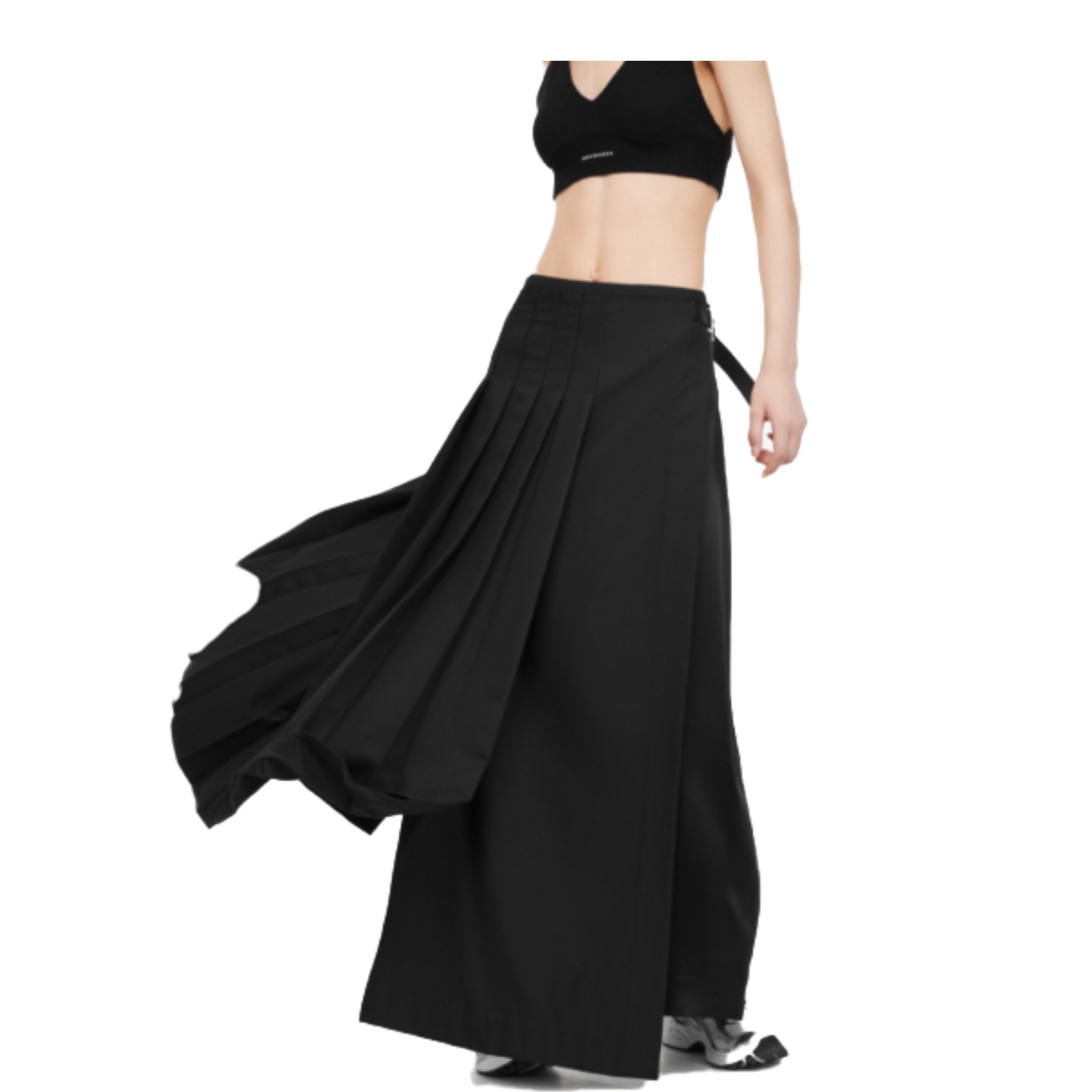 UNAWARES Black Mixed Fabric Patchwork Pleated Irregular Design Mid-Length Skirt | MADA IN CHINA