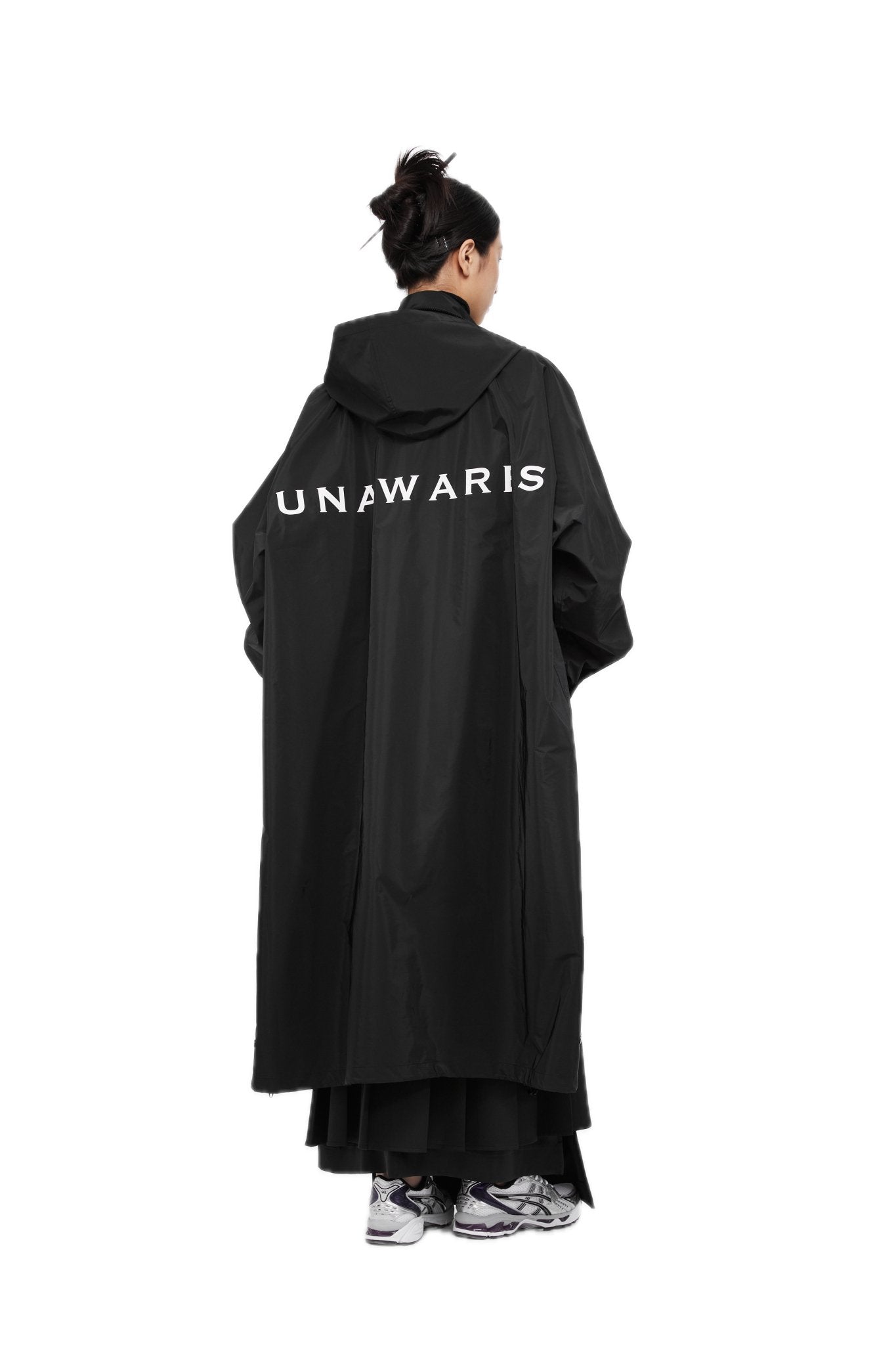 UNAWARES Black Packable Hooded Logo Print Long Trench Coat | MADA IN CHINA