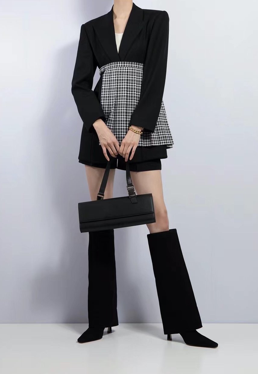 CALVIN LUO Black Panelled Plaid Wrap Dress Jacket | MADA IN CHINA
