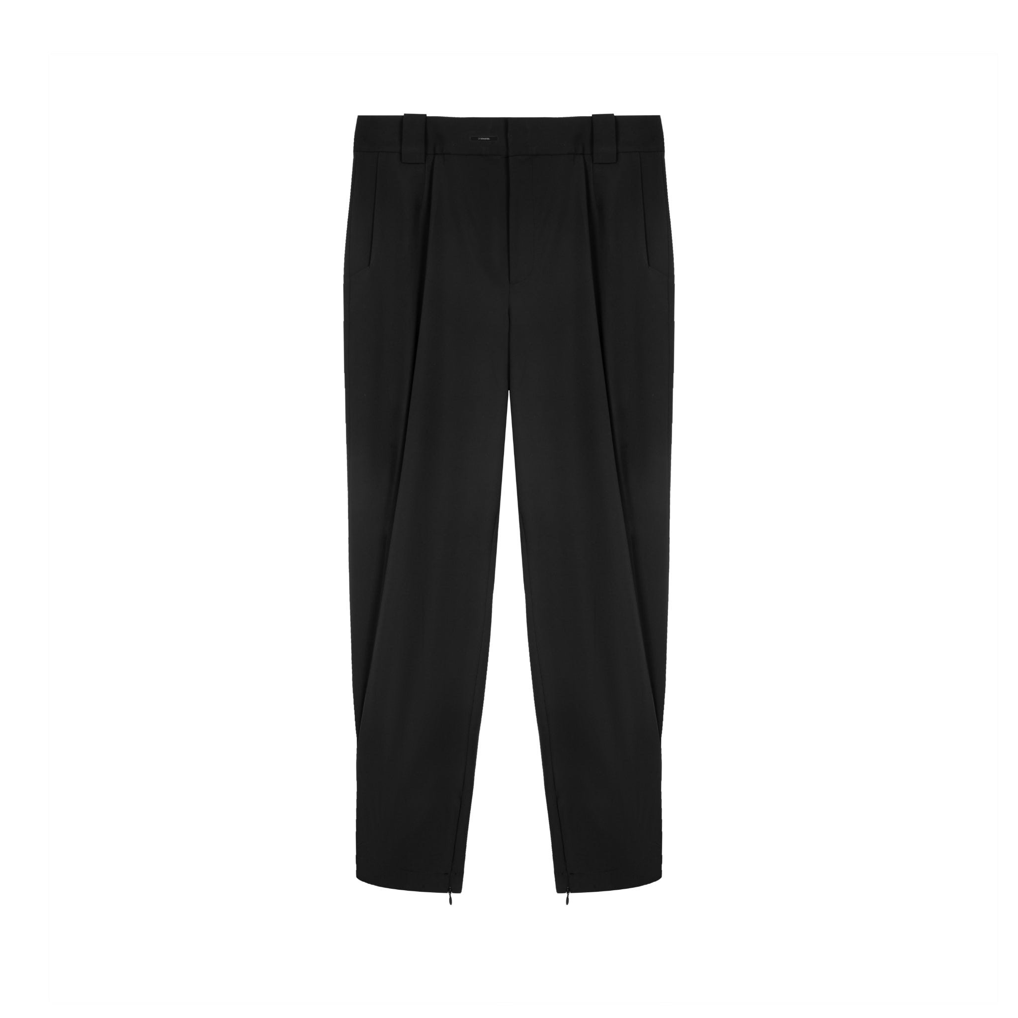 UNAWARES Black Pleated Tapered Zip Slit Trousers | MADA IN CHINA