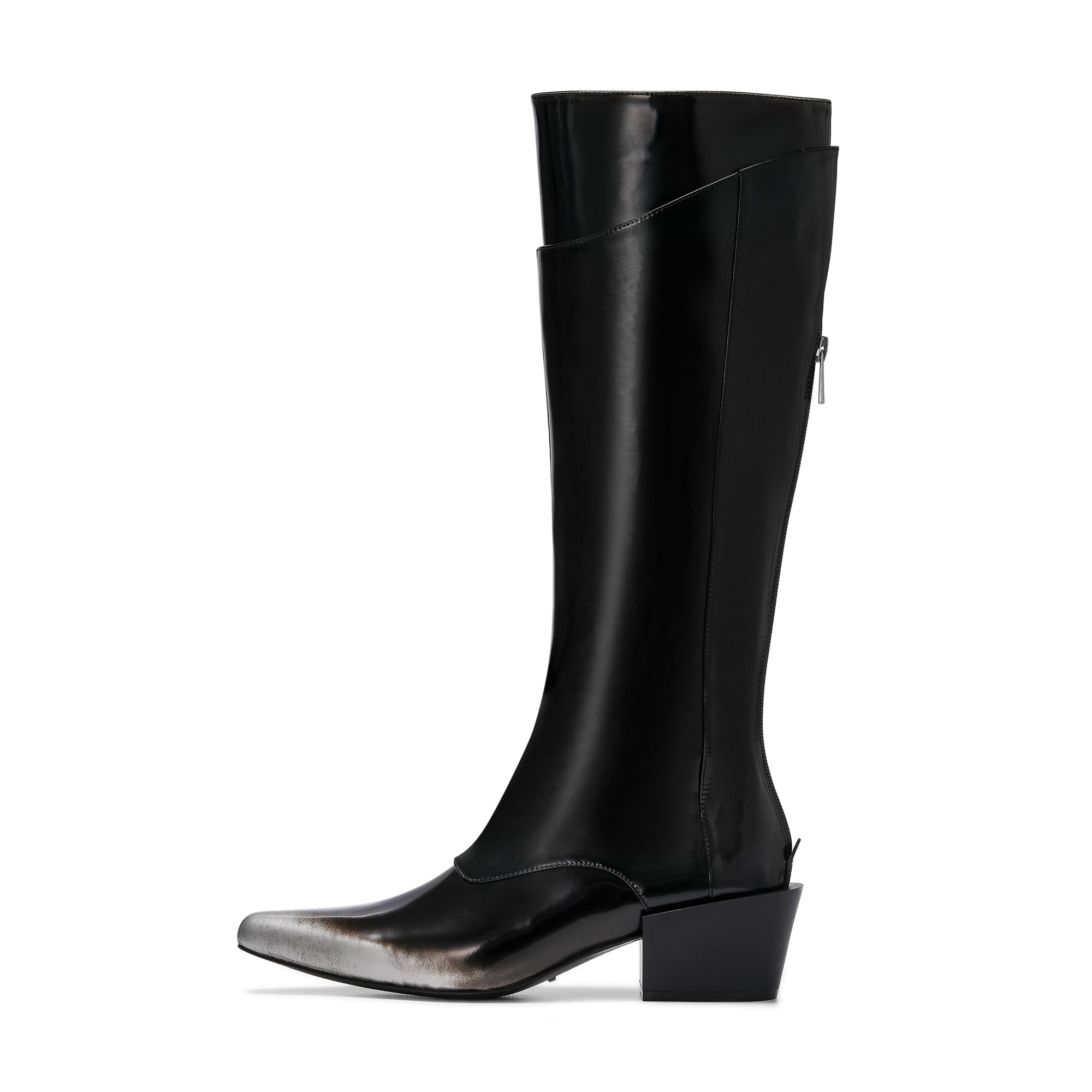 LOST IN ECHO Black Pointed Toe Fake Two-pieces Splicing Knight Boots | MADA IN CHINA