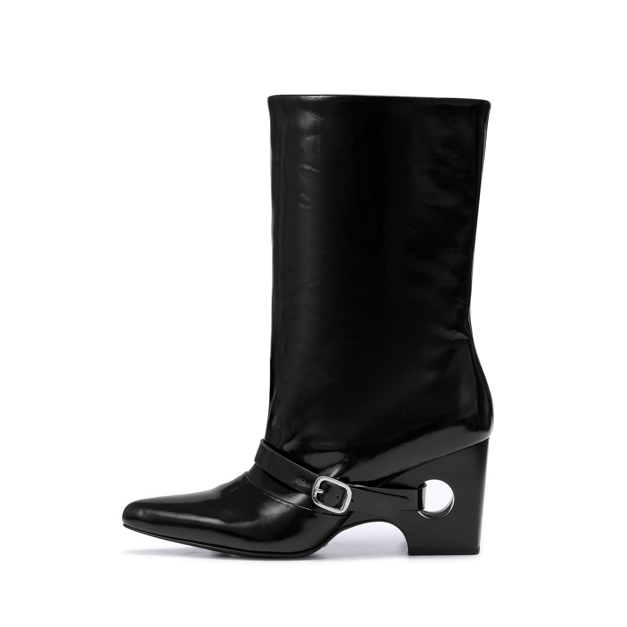 LOST IN ECHO Black Pointed Toe Perforated Belt Decorated Wide Boots | MADA IN CHINA