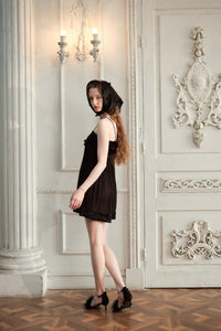 ARTE PURA Black Short Floral Slip Dress With Ribbon | MADA IN CHINA