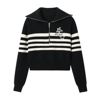 SOMESOWE Black Star Zebra Strip Lapel Sweater With Zipper | MADA IN CHINA