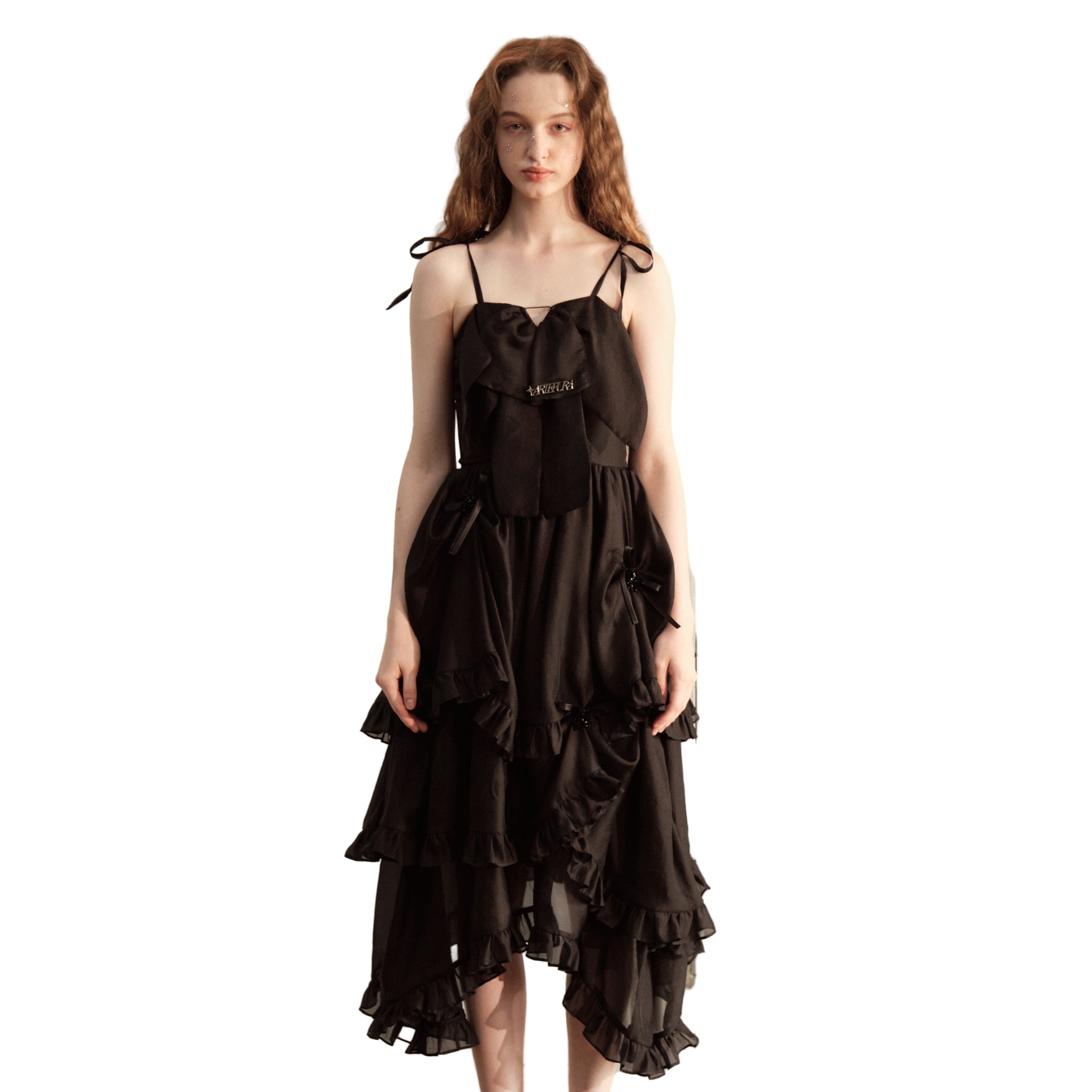 ARTE PURA Black Strapping Dress In Gauze With Bow Tie | MADA IN CHINA