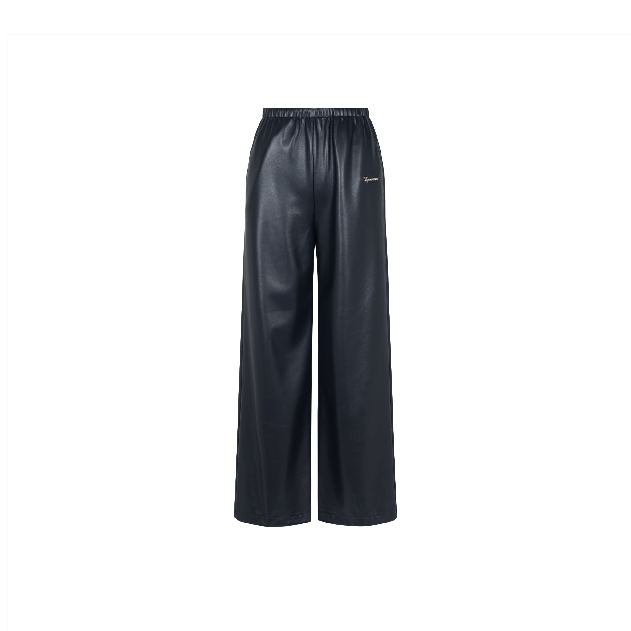 THREE QUARTERS Black Super Soft Logo Faux Leather Trousers | MADA IN CHINA