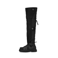 LOST IN ECHO Black Windbreaker Fabric Drawstring Patchwork Knee-high Boots | MADA IN CHINA