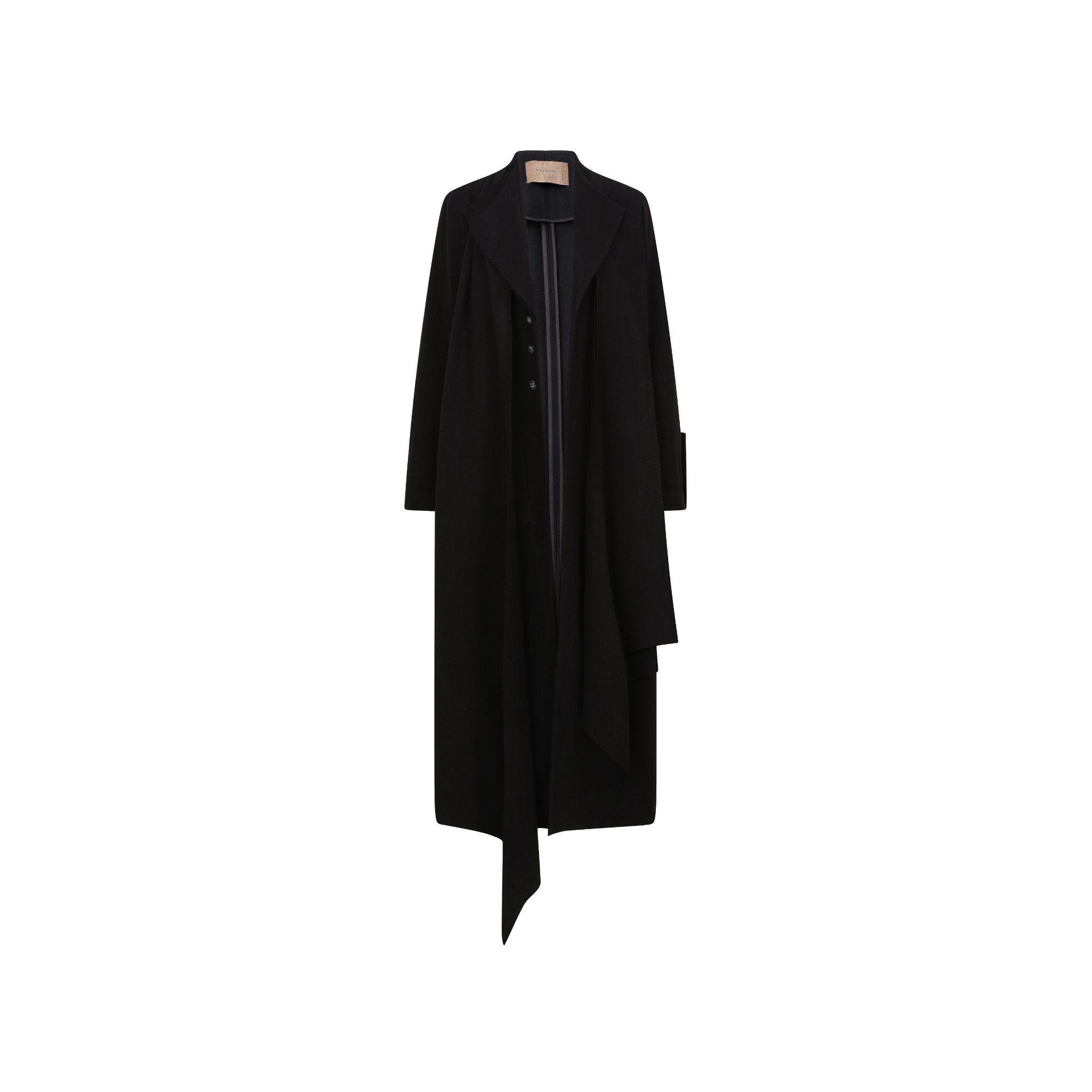 ELYWOOD Black Wool Draped Long Coat | MADA IN CHINA