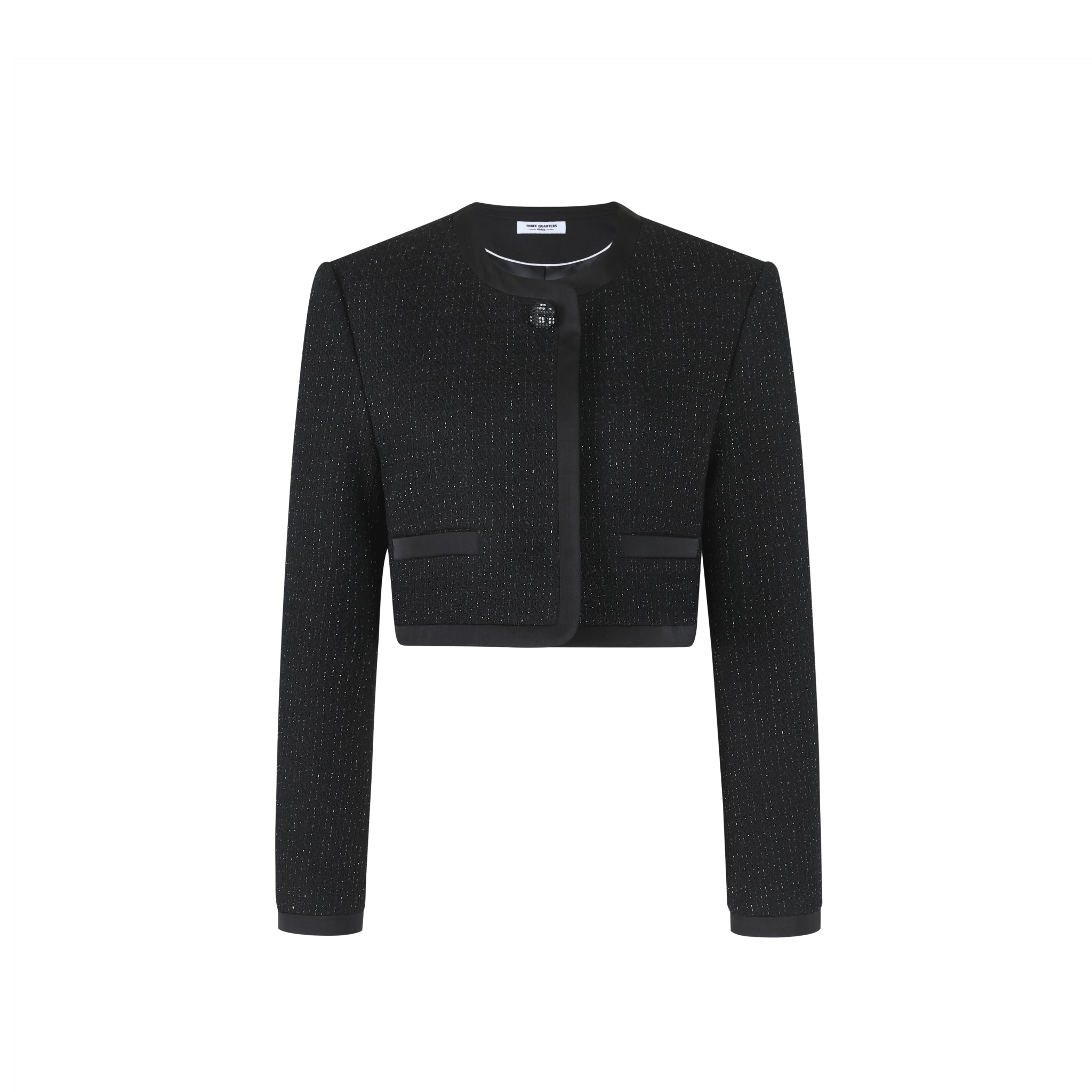 THREE QUARTERS Black Wool Sequin Trimmed Jacket | MADA IN CHINA