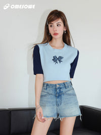 SOMESOWE Blue And Black Bow Knot Print T-shirt | MADA IN CHINA