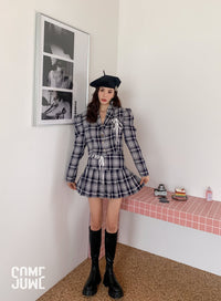 SOMESOWE Blue Checkered Jacket And Skirt Set | MADA IN CHINA