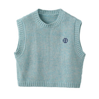 ICE DUST Blue Crew Neck Knit Embroidered Tank Top | MADA IN CHINA