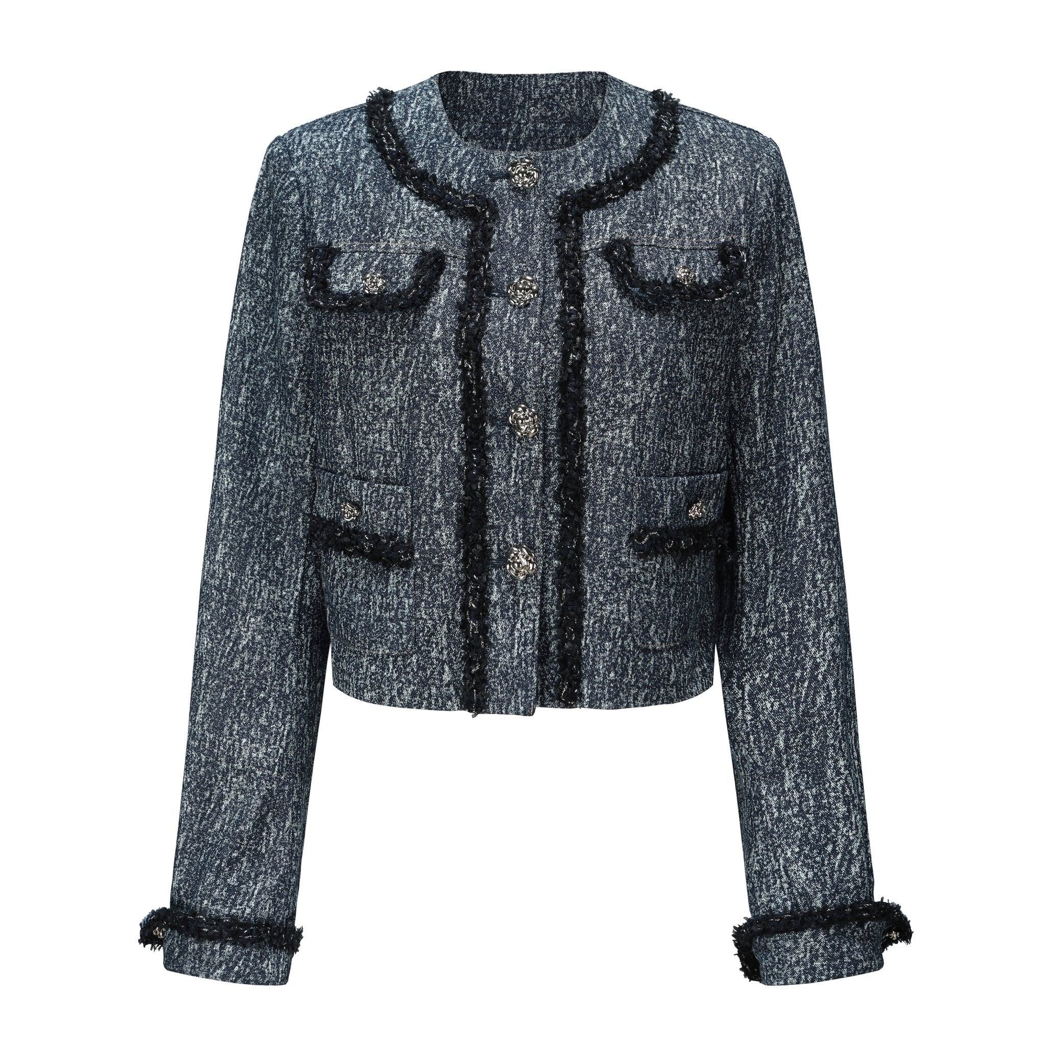 ARTE PURA Blue Denim Checked Round-Neck Jacket | MADA IN CHINA