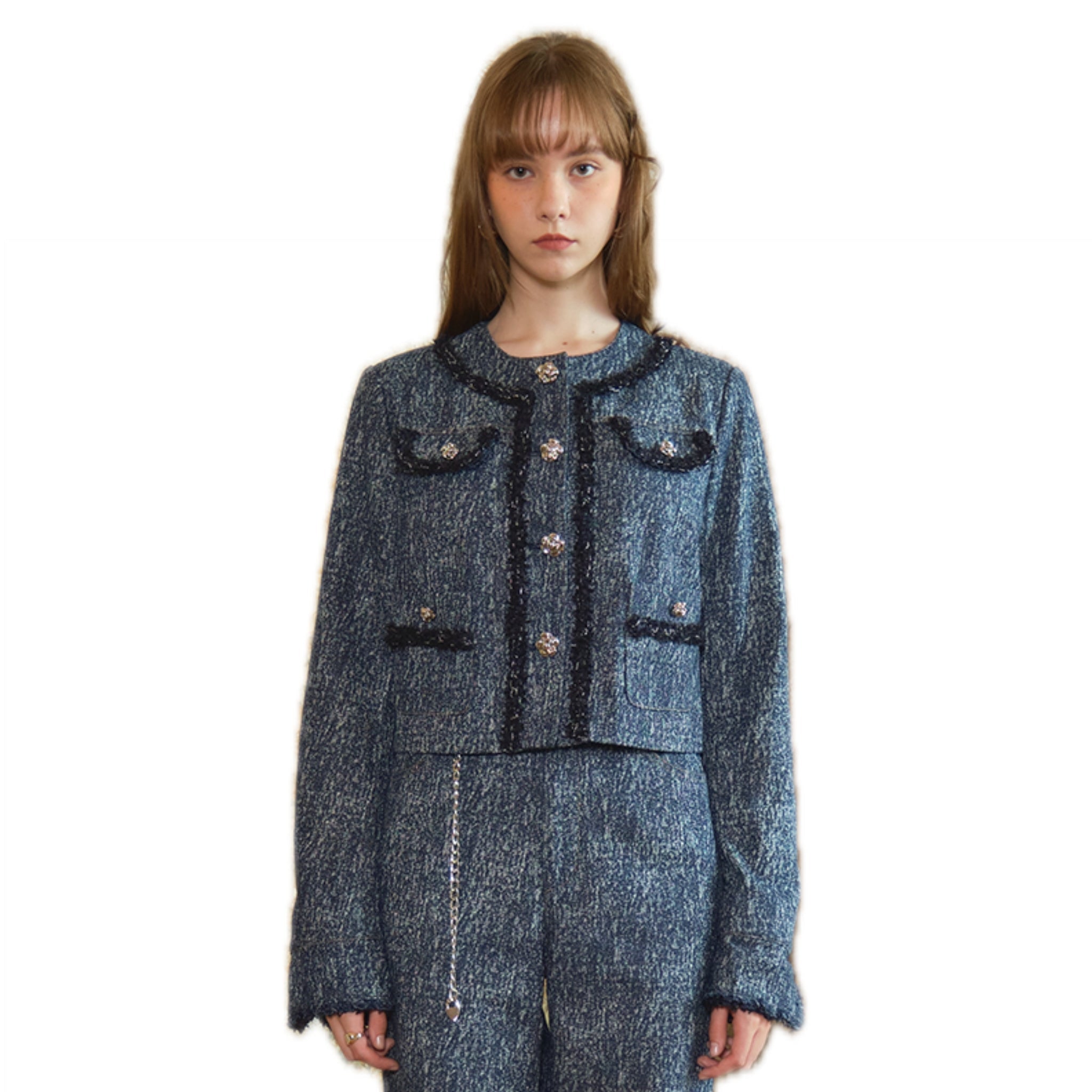 ARTE PURA Blue Denim Checked Round-Neck Jacket | MADA IN CHINA