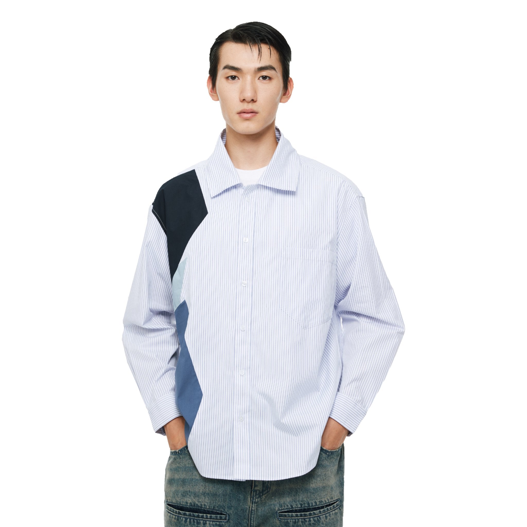 UNAWARES Blue Irregular Geometric Patchwork Striped Shirt | MADA IN CHINA