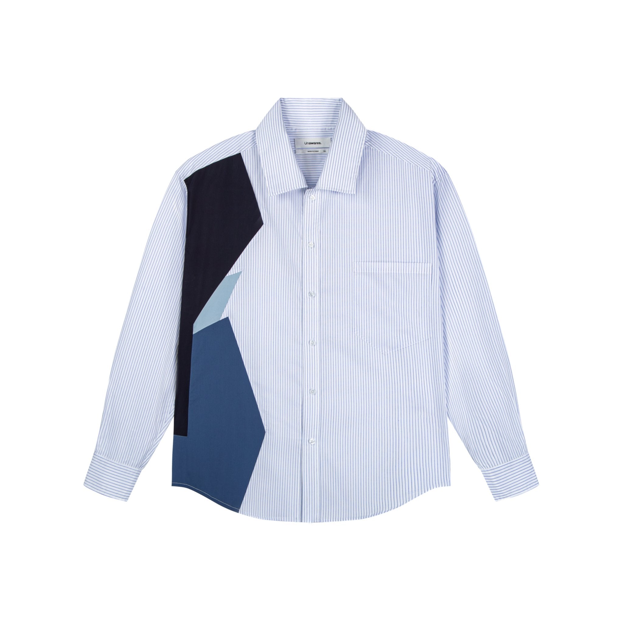 UNAWARES Blue Irregular Geometric Patchwork Striped Shirt | MADA IN CHINA
