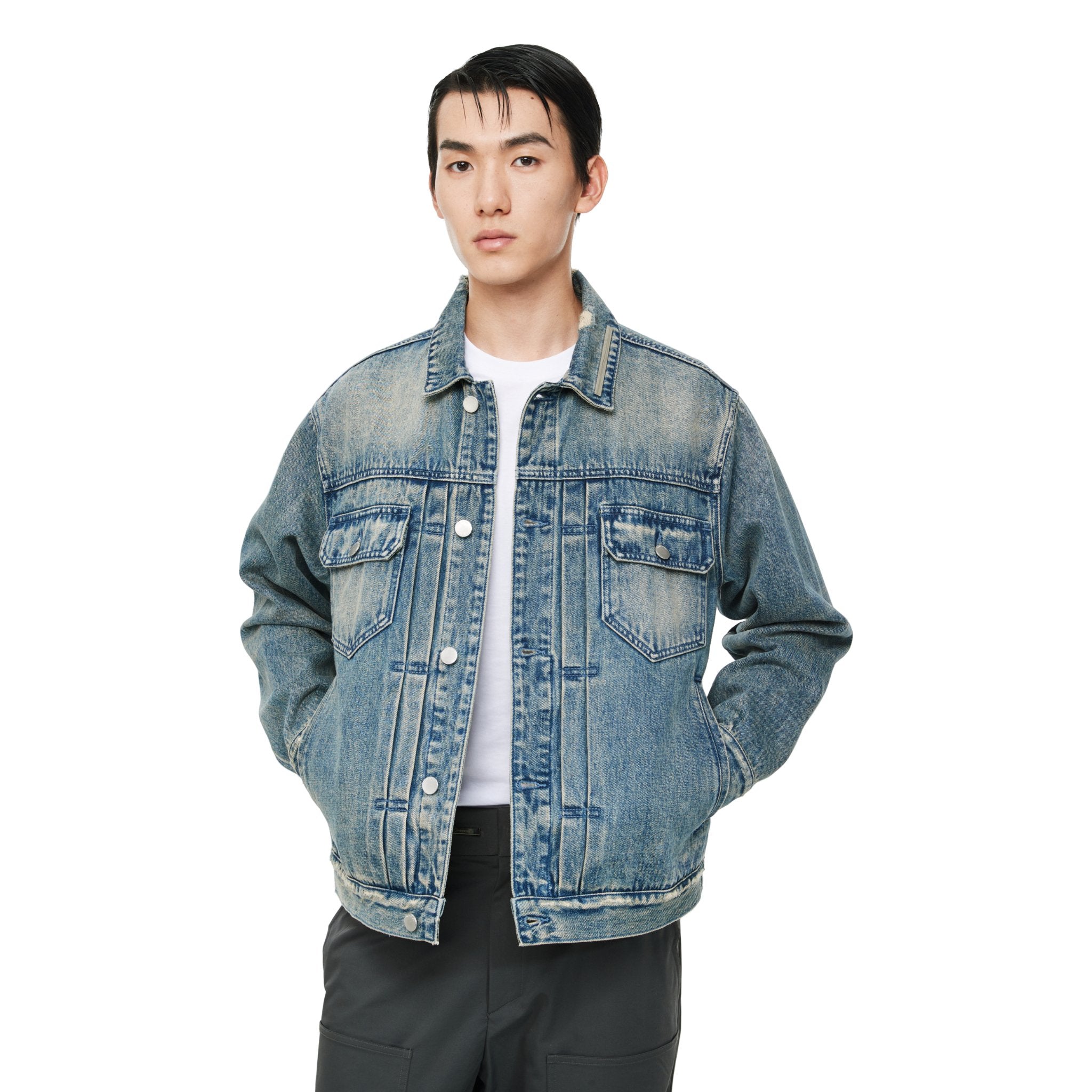 UNAWARES Blue Mirror Metal Strip Washed Denim Jacket | MADA IN CHINA