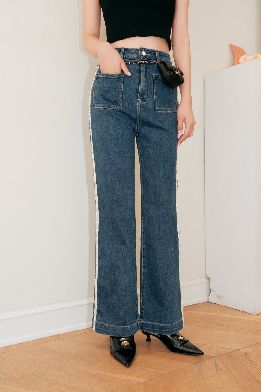 DIANA VEVINA Blue Pearl Button Straight Jeans | MADA IN CHINA