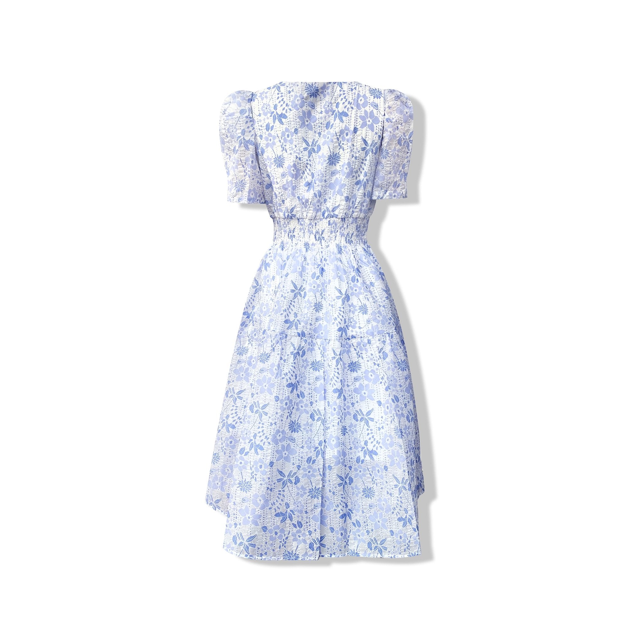AIMME SPARROW Blue V-Neck Waist Floral Dress | MADA IN CHINA