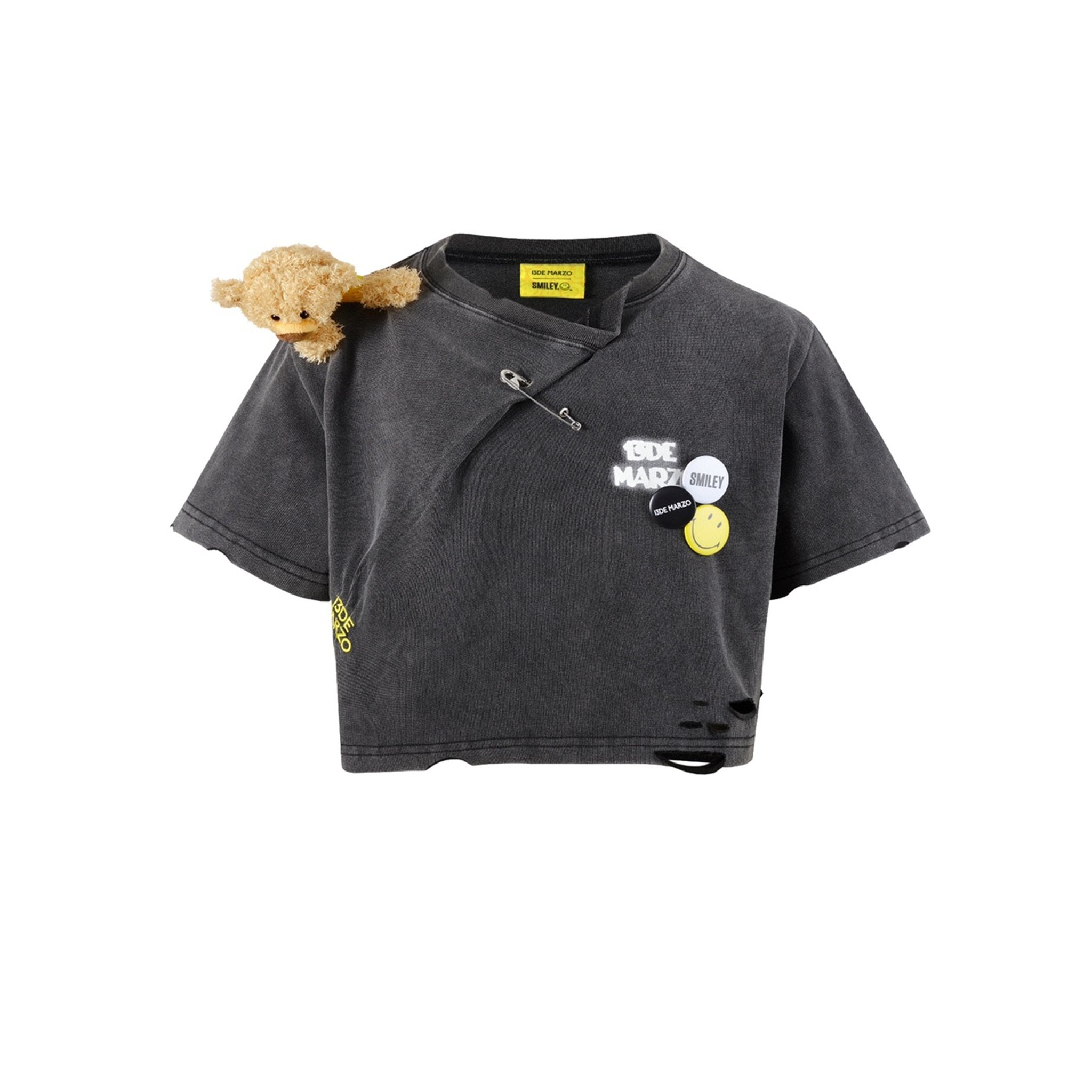 13DE MARZO Broken Pin Badge Bear Short T-shirt Black | MADA IN CHINA