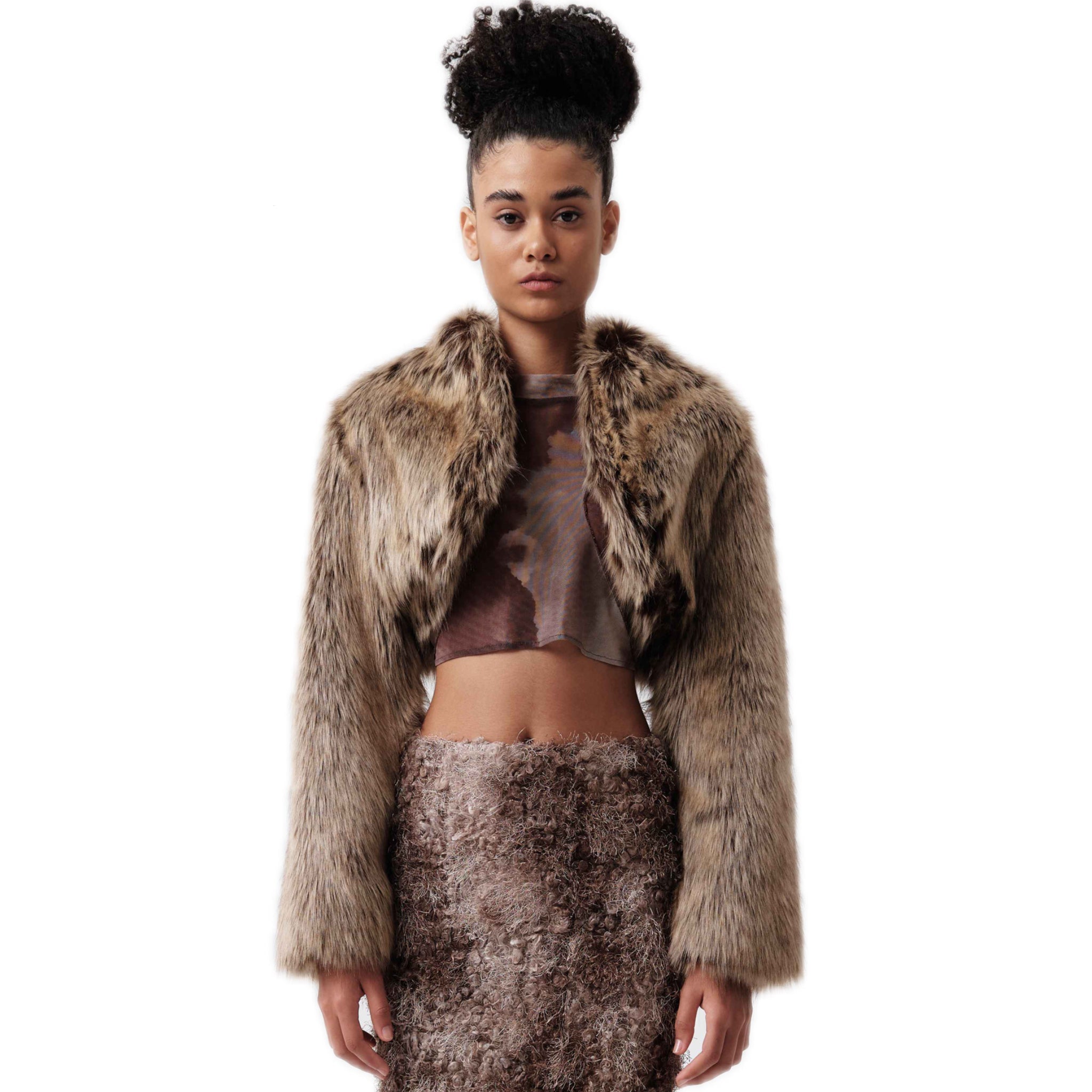 VANN VALRENCÉ Brown Batik Custom-woven Faux Fur Short Jacket | MADA IN CHINA