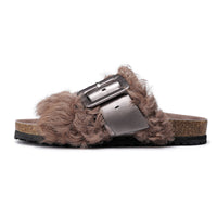 LOST IN ECHO Brown Buckle Decoration Furry Slippers | MADA IN CHINA