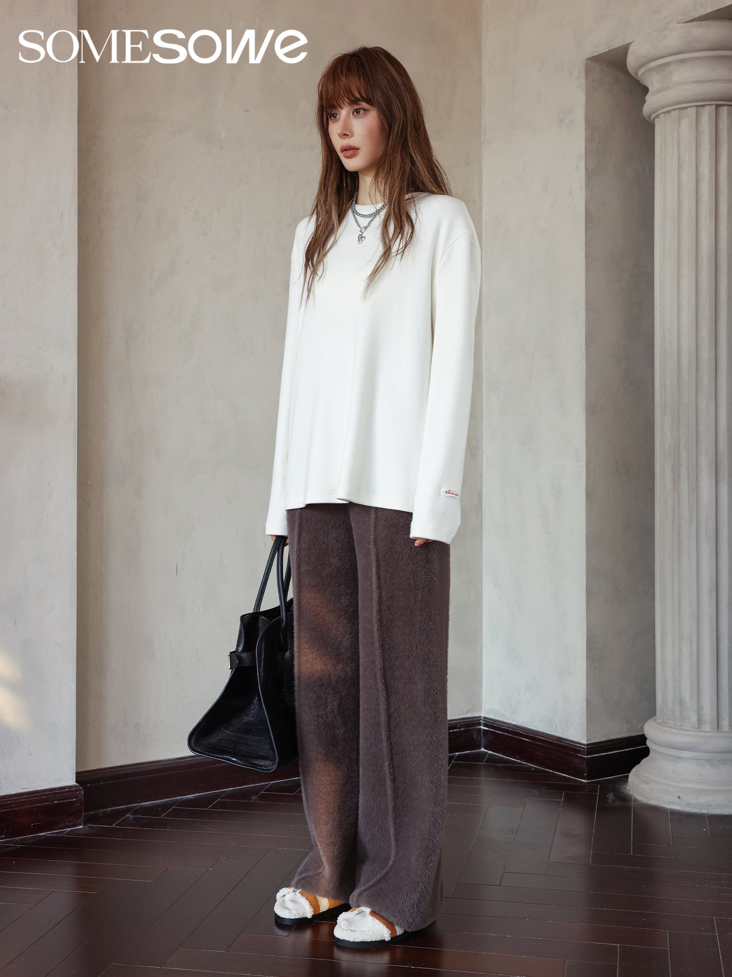SOMESOWE Brown Faux Fur Knitting Pants | MADA IN CHINA