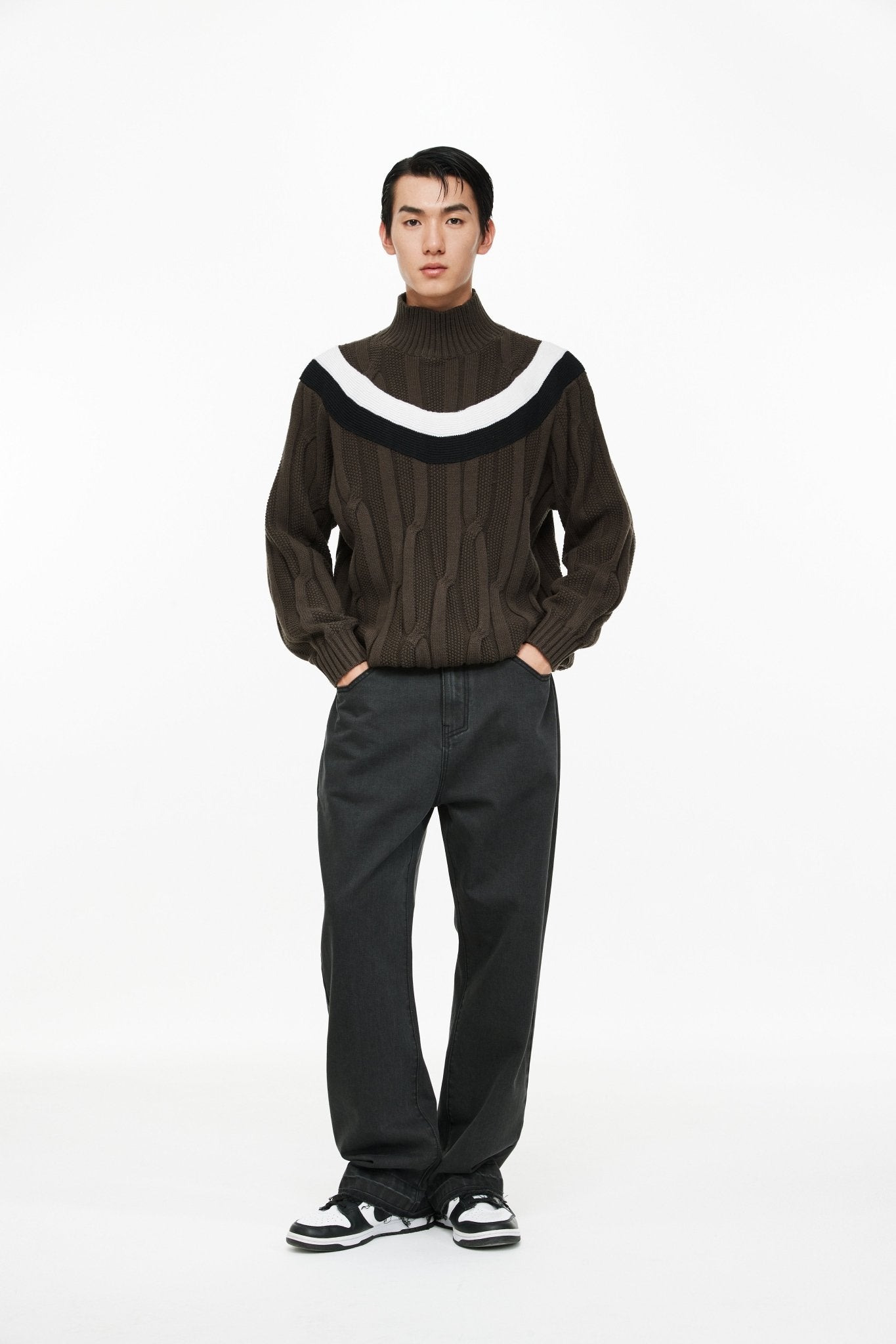 UNAWARES Brown Half-High Collar Color-Block Pullover Sweater | MADA IN CHINA
