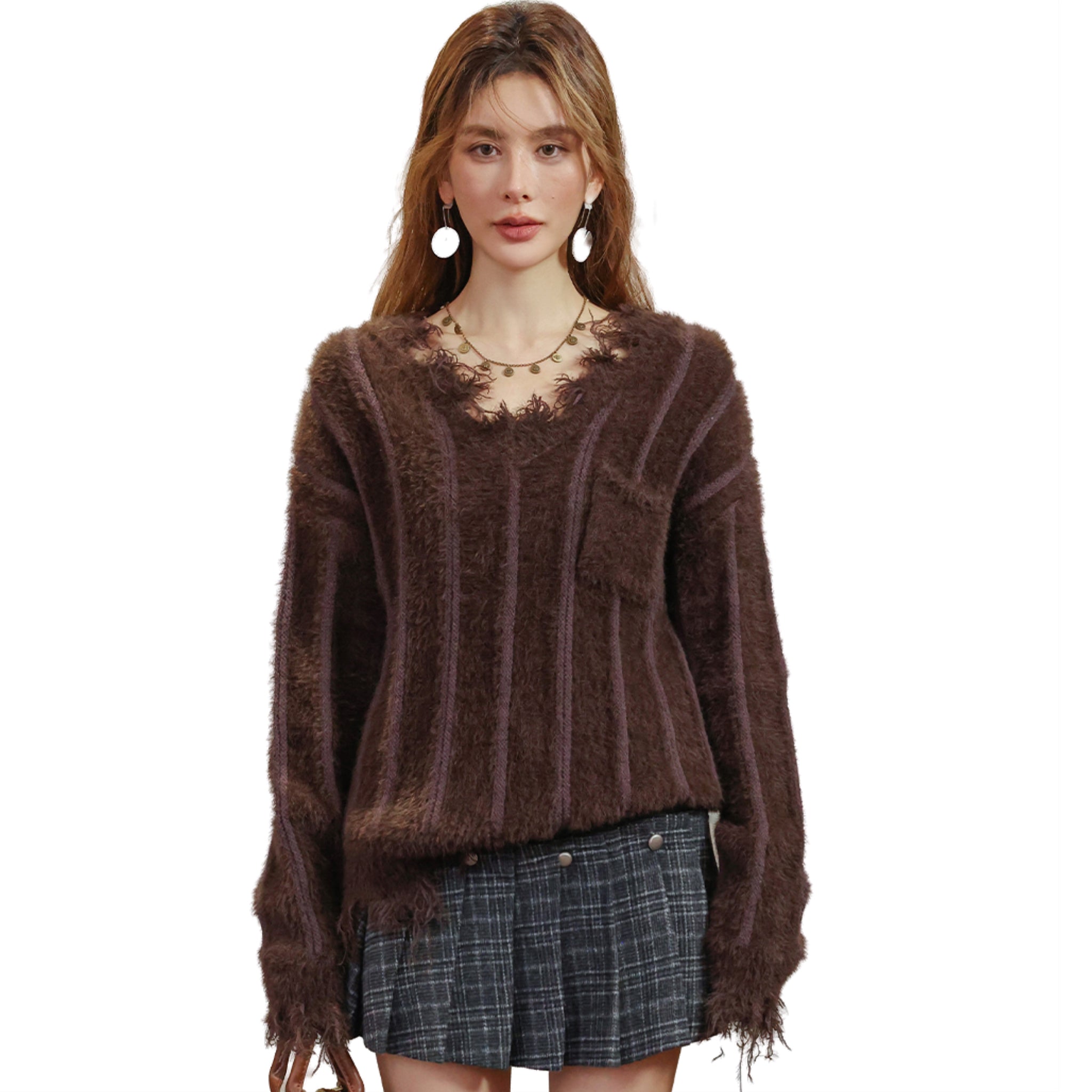 SOMESOWE Brown V-Neck Faux Mink Pocket Sweater | MADA IN CHINA