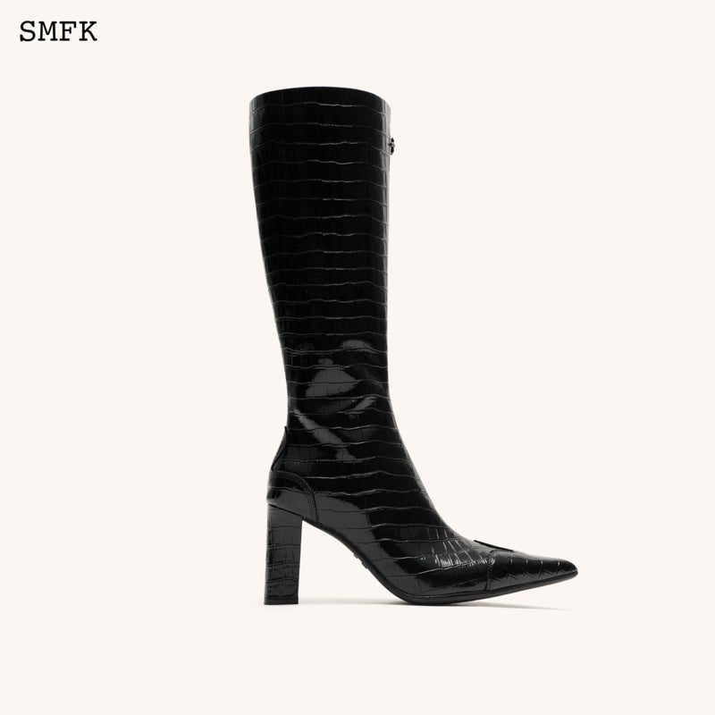 SMFK Compass Black Crocodile-Embossed Leather High Boots | MADA IN CHINA