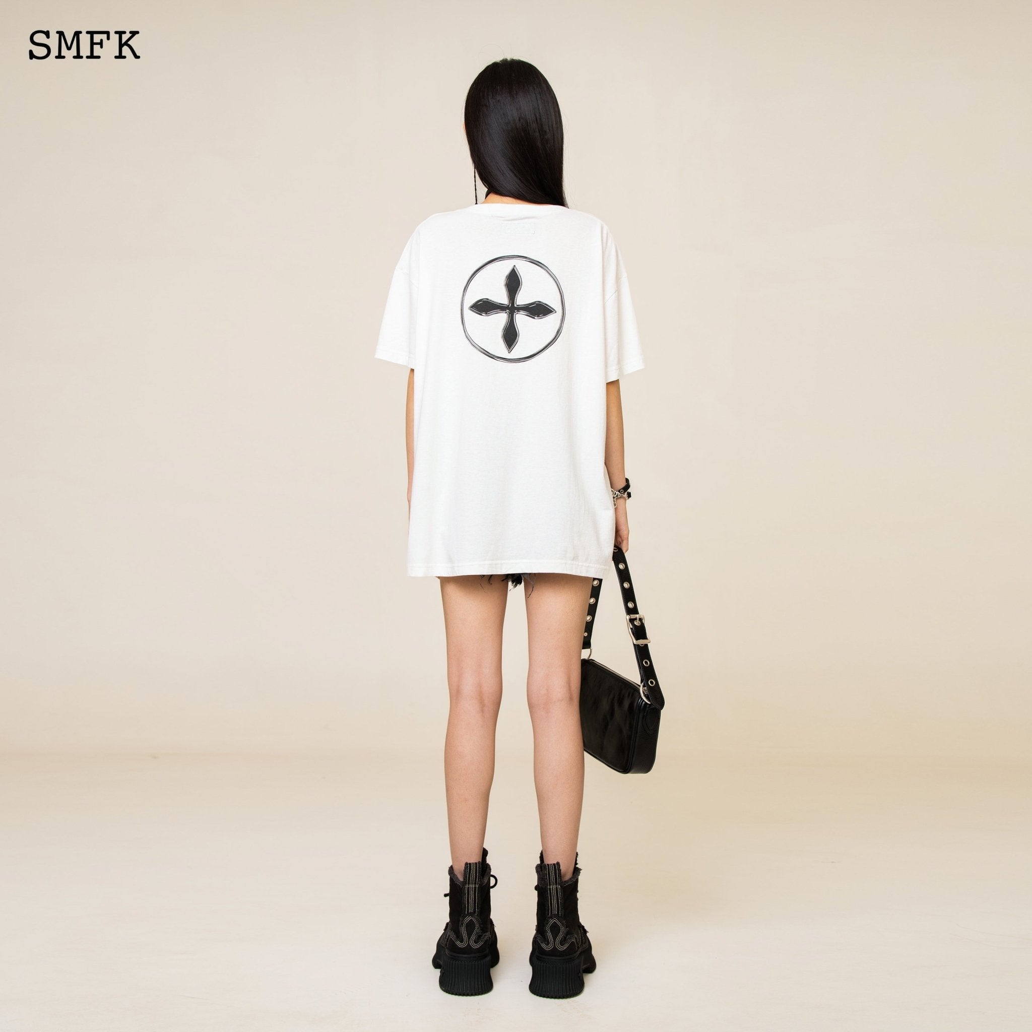 SMFK Compass Cross Vintage Oversize Tee in White | MADA IN CHINA