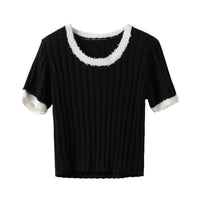 ICE DUST Contrast Wool Trim Short Sleeve Knit Top | MADA IN CHINA