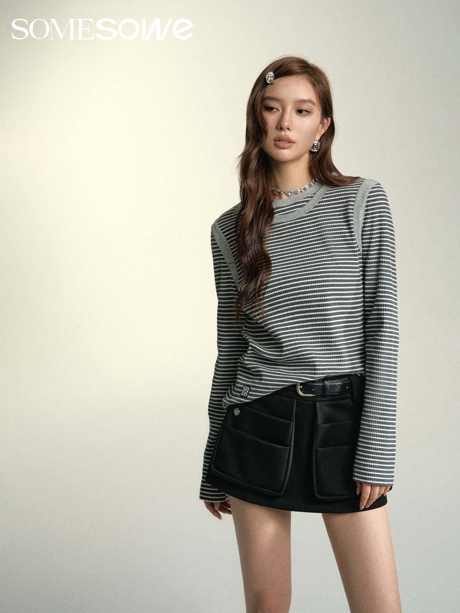 SOMESOWE Dark Grey Strip Double Collar Long Sleeve T-shirt | MADA IN CHINA