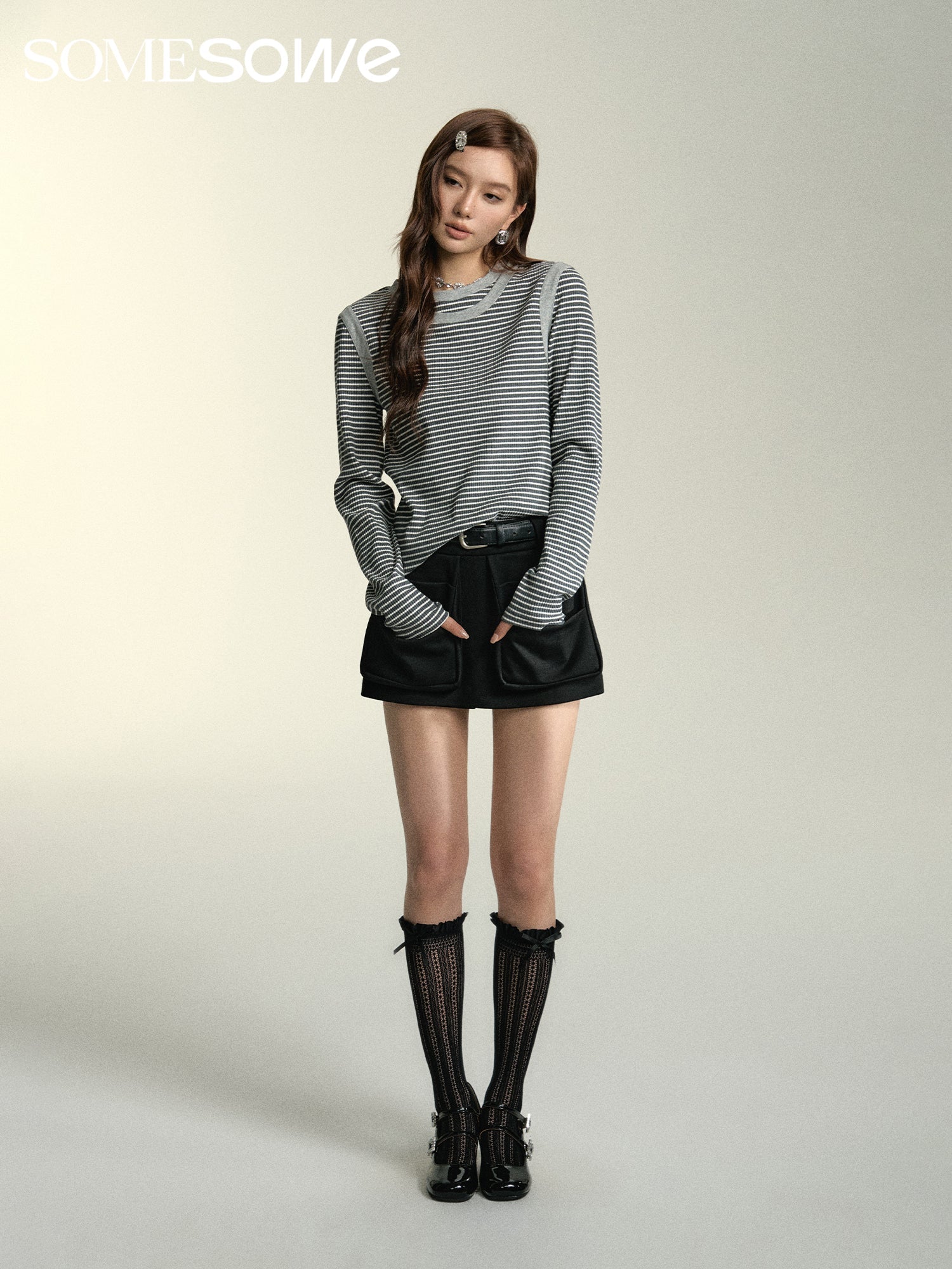 SOMESOWE Dark Grey Strip Double Collar Long Sleeve T-shirt | MADA IN CHINA