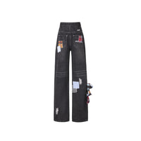 13DE MARZO Denim Bear Plaid Patch leans Washed Black | MADA IN CHINA