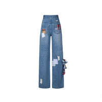13DE MARZO Denim Bear Plaid Patch leans Washed Blue | MADA IN CHINA