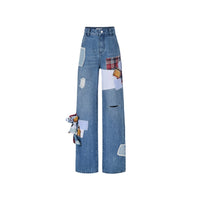 13DE MARZO Denim Bear Plaid Patch leans Washed Blue | MADA IN CHINA