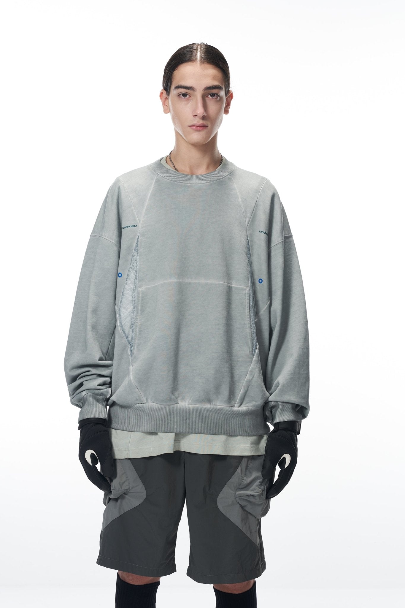 ATTEMPT Dirty Dyed Linear Split Crew Neck Sweater | MADA IN CHINA