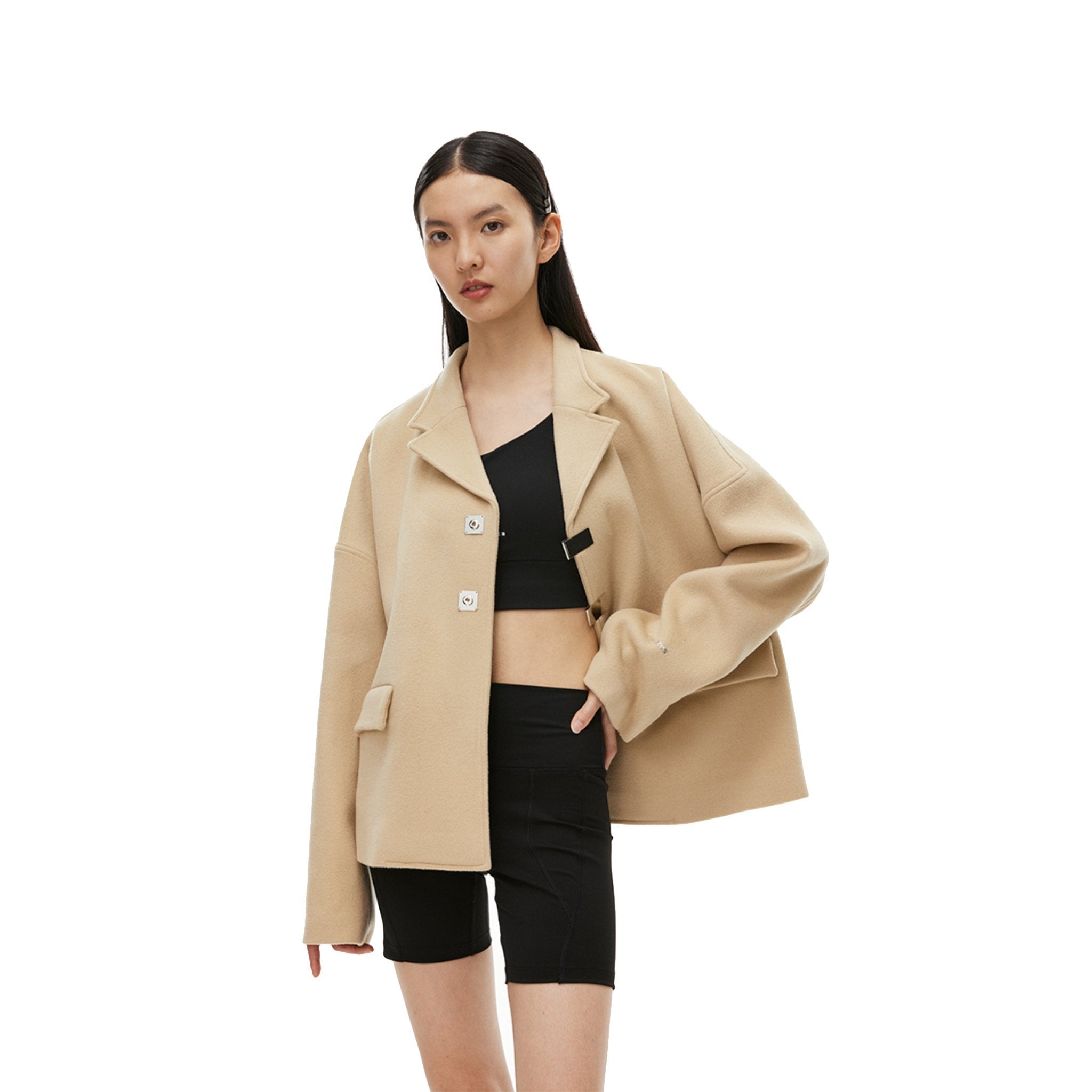 Unawares Double Row Custom Adjustable Button Short Woolen Jacket Khaki | MADA IN CHINA