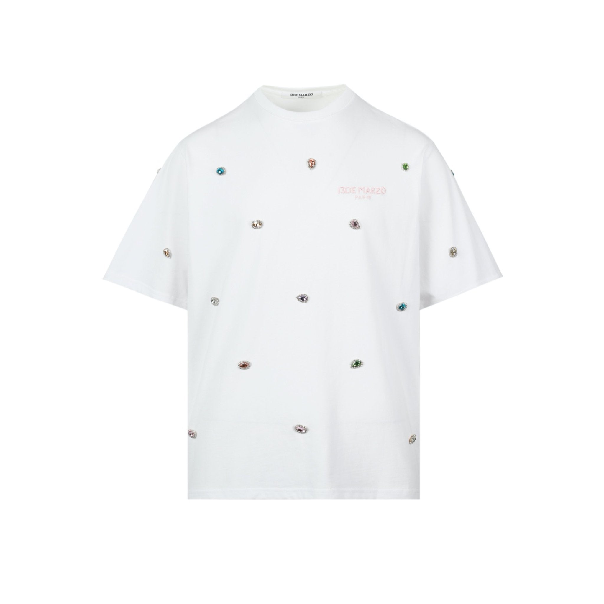 13 DE MARZO Fancy Colored Artificial Diamond T-Shirt White | MADA IN CHINA