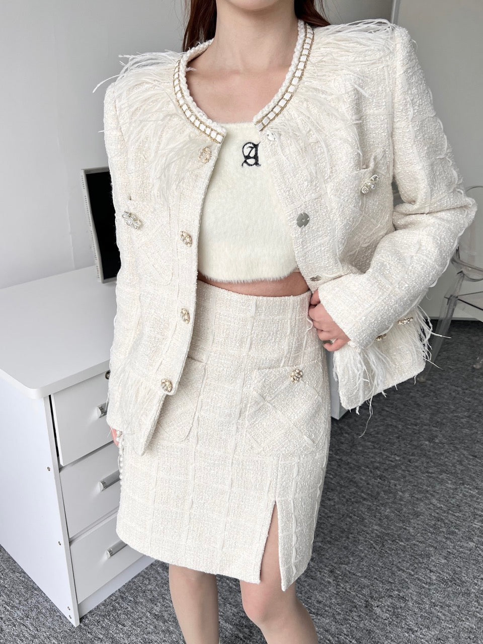 AIMME SPARROW Feather Tassel White Small Fragrant Wind Jacket | MADA IN CHINA
