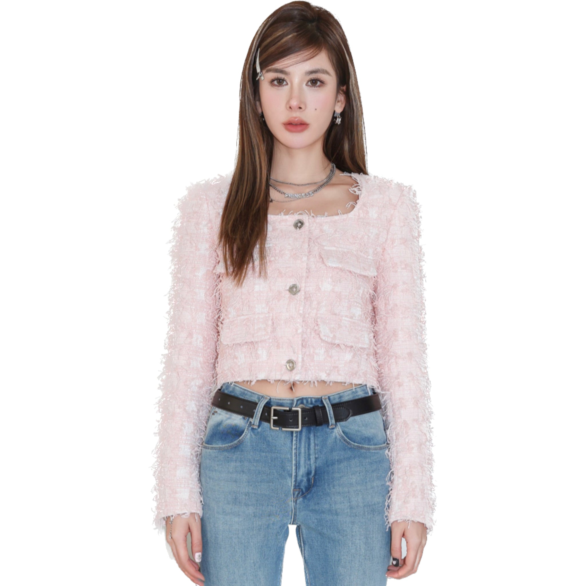 Pink Square Collar Woven Jacket